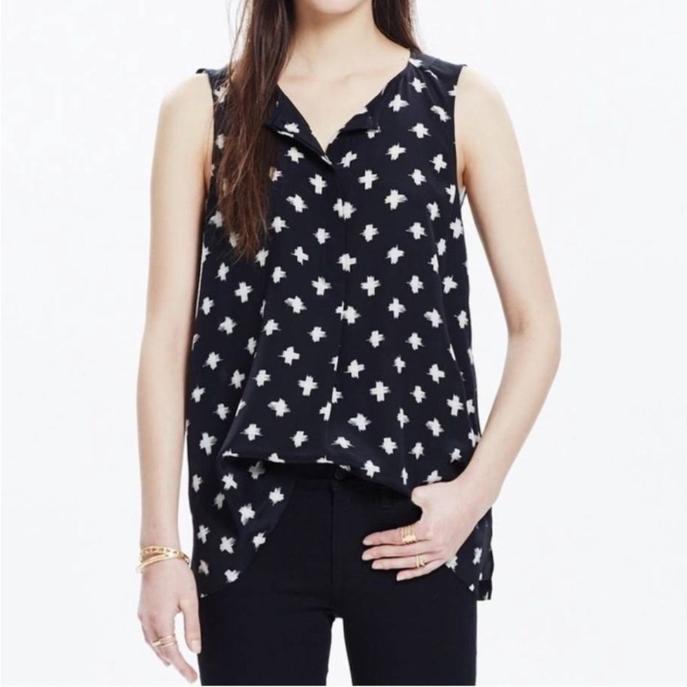 Madewell 100% Silk Sleeveless Blouse Black Beige Cross Print Top Small Casual
